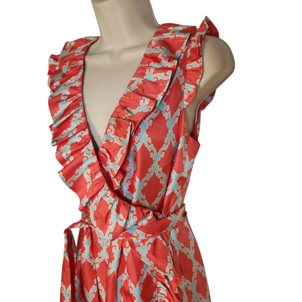 kate spade Coral and White Ruffle Wrap Dress
